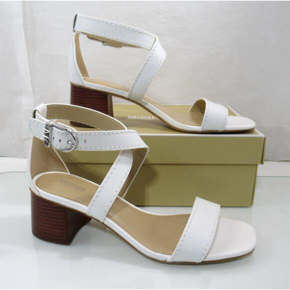 Michael Kors Ashton Mid Crisscross Stacked Block Sandal Leather White Size 9.5 - Picture 3 of 6